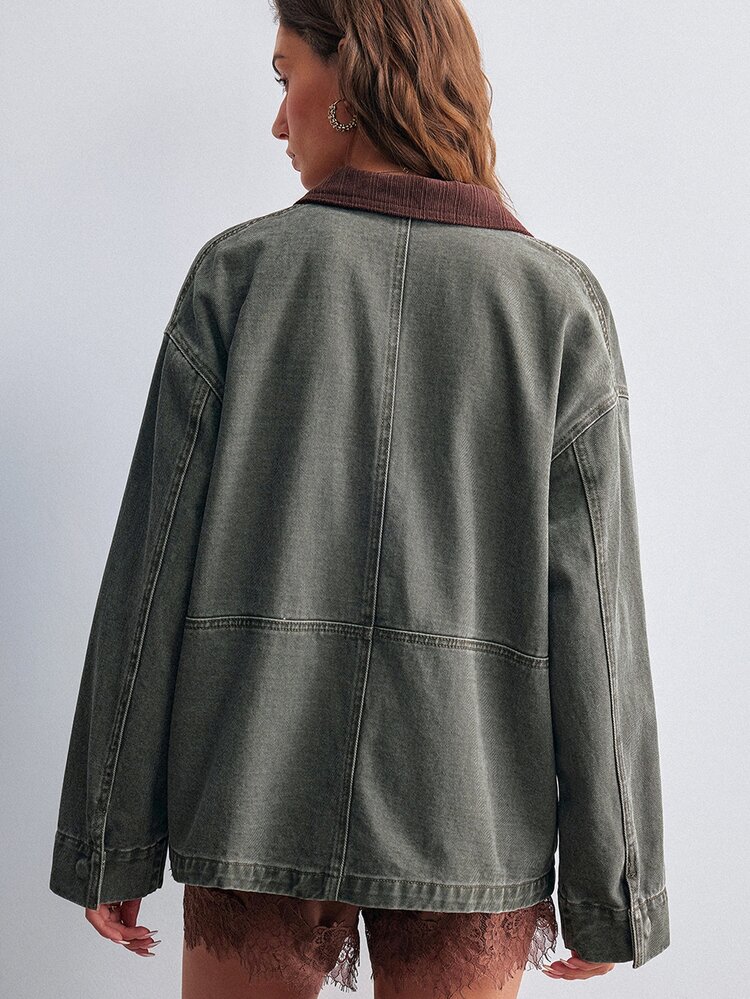 Willow Rêve Women's Green Denim Jacket With Contrast Corduroy Collar, Loose Fit - Army Green - View 2