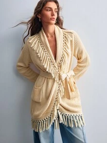 Willow Rêve Women's Beige Bohemian Tassel Knit Cardigan, Bohemian Style - Apricot - View 7
