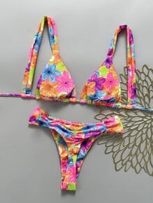 SHEIN Swim Women's Sexy Beach Vacation Bikini Set, Spring/Summer, Multi-Color Fashion Popular Colors, Halter Tie + Back Tie Bikini Top, Sexy Ruched Back + Side Ruched Waist Design Bikini Bottom, Street Style Music Festival Party Pool Swimsuit - Multicolor - View 2