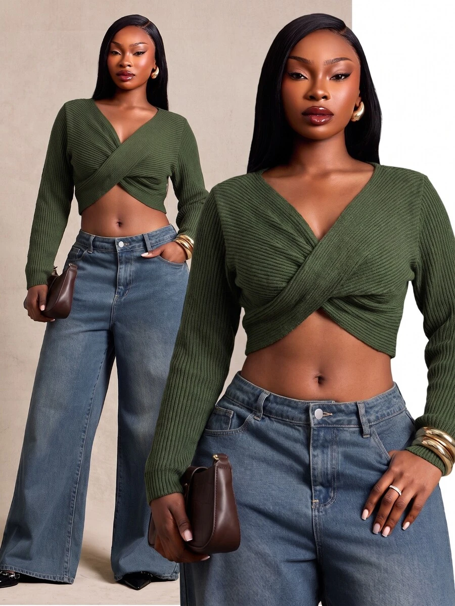 SHEIN SXY Army Green Twisted V-Neck Slim Fit Long Sleeve Cropped Sweater - Army Green - View 1
