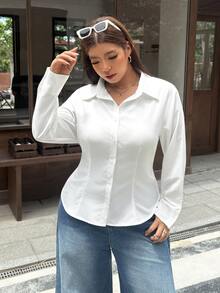 GalTyme 女款大尺碼前開扣長袖襯衫 - 白色 - 查看 4