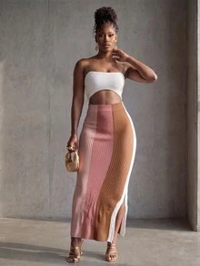 BamGlimmer Women's Fashion Striped Colorblock Side Slit Knit Dress - Pink - View 6
