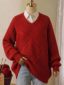 Rusticease Plus Size Red Cable Knit V Neck Long Sleeve Sweater Cozy Casual Fall Winter 2026 - Red - View 7