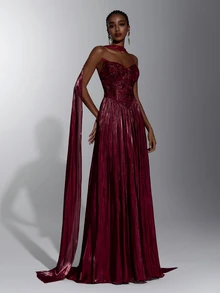 Elitara Burgundy Strapless Ruched Waist Floor-Length Evening Dress With 3D Floral Applique, Formal Wedding Guest Gown For Women (Heavy Embellished Style) - Burgundy - View 5