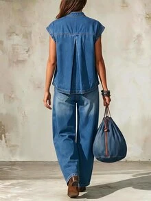 LUMIGAL Women's Casual Daily Denim Top With Frog Buttons - Blue - View 2