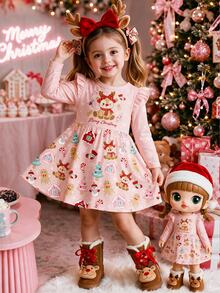 Kids Young Girl Reindeer Christmas Pattern Print Ruffle Hem Dress Creative Gift - Multicolor - View 4