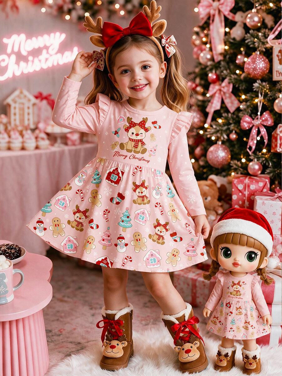 Kids Young Girl Reindeer Christmas Pattern Print Ruffle Hem Dress Creative Gift - Multicolor - View 1