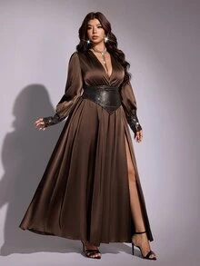 Viva Relle Plus Size Women's Sequin V-Neck Split Design Party Dress - Brown - View 3