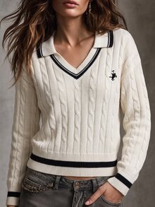 SHEIN Loose Fit Versatile College Style Contrast Color Lapel Long Sleeve Pullover - Apricot - View 5