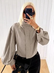 SHEIN EZwear 女款素色拉鍊休閒日常長袖夾克 - 卡其色 - 查看 5