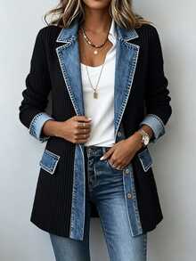 SHEIN Franclia Women's Fall Winter Denim Print Contrast Lapel Blazer Corduroy Woven Ribbed Long Sleeve Button Down Jacket With Pockets Casual Office Outerwear - Black - View 5