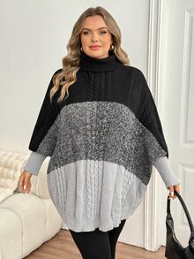 SHEIN CURVE+ كنزة نسائية مقاس كبير بألوان متباينة كاجوال للاستخدام اليومي بأكمام طويلة - متعدد الألوان - مشاهدة 5