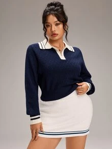 EMERY ROSE Plus Size Korean Style Zipper Half-Placket Contrast Color Knit Top - Navy Blue - View 5