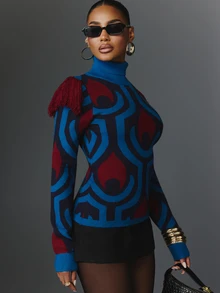 NYA SZN Knit Sweater Maxi Retro Long Sleeve Color Block Holiday Festival Special Occasion Everyday Casual Work Concert Going Out Club Party Blue Fall Winter - Multicolor - View 3