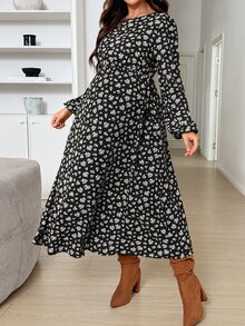 SHEIN 孕婦休閒舒適時尚碎花荷葉邊下擺洋裝 - 黑色 - 查看 8