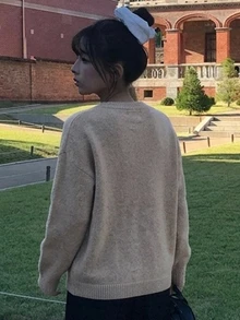 DAZY Women's Contrast Letter Pattern Embroidered Loose Long Sleeve Crew Neck Casual Daily Vacation Korean Street Style Autumn/Winter Knit Sweater - Khaki - View 2
