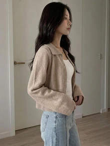 Livesso Autumn/Winter Khaki Round Neck Button Cable Knit Long Sleeve Slim Fit Ribbed Cardigan For Women - Khaki - View 4