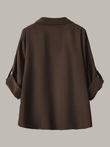 SHEIN LUNE 大尺碼女款休閒兩件套，純色捲袖單排扣休閒通勤襯衫與高腰寬鬆寬腿長褲 - 摩卡棕 - 查看 4