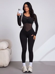 Slayform Slayform Women's Solid Color Contrast Mesh Long Sleeve Ruched Athletic Jumpsuit - Black - View 2