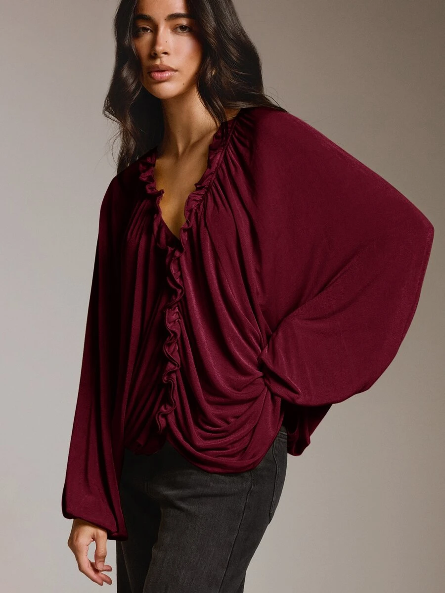COSMINA Women's V-Neck Ruffle Trim Pleated Design Loose Fit Top, Comfortable Fabric Fashionable Design Top - Burgundy - View 1