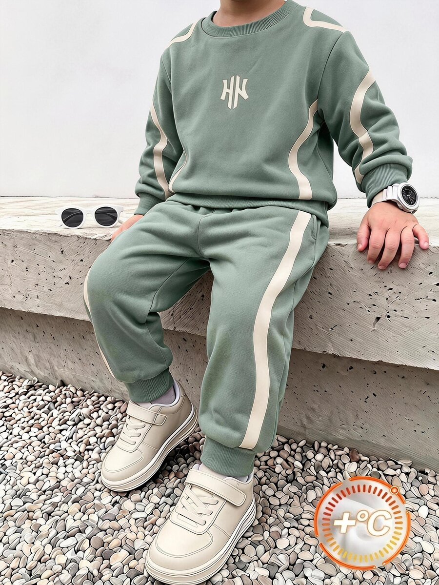 男童套裝,包含長袖套頭衫與長褲;柔軟舒適,寒冷天氣可搭配夾克增加保暖與舒適感 - 綠色 - 查看 1