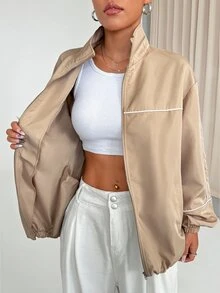 StreetHx Zip-Up White Sports Jacket With Stripe Trim Decor - Khaki - View 6