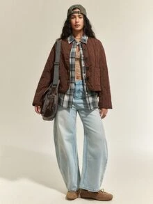 SoleilVie Jaket Komuter Lengan Panjang Kancing Saku Bergaya Vintage Prancis - Coklat - View 4