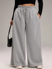 EMERY ROSE Plus Size Women Solid Color Casual Wide Leg Pants For Daily Wear - Grey - View 5