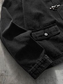 AXEPEAK Áo khoác denim nam size lớn màu đen wash, có khóa cài hình máy bay và cổ áo gân - màu đen - Xem 4