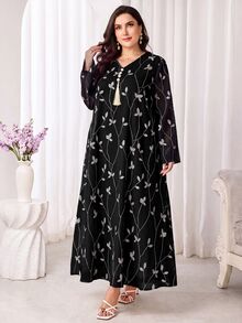 Al Najma 大尺碼女款植物刺繡流蘇設計長袖優雅阿拉伯風洋裝 - 黑色 - 查看 7