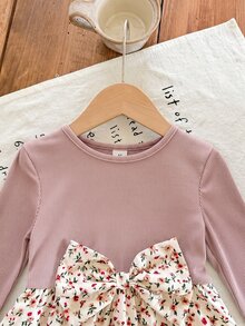 Emery Rose Kids Emery Rose Kids 女童小女孩可愛拼接洋裝，復古棕色羅紋上衣配蝴蝶結與碎花裙，長袖公主裙，適合春夏秋季 - 粉色 - 查看 6
