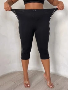 SHEIN SXY 黑色高彈性針織高腰金屬裝飾修身七分緊身褲 - 黑色 - 查看 5