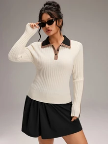 SHEIN BASICS Plus Size Women Colorblock Polo Collar Long Sleeve Casual Sweater Winter - White - View 5
