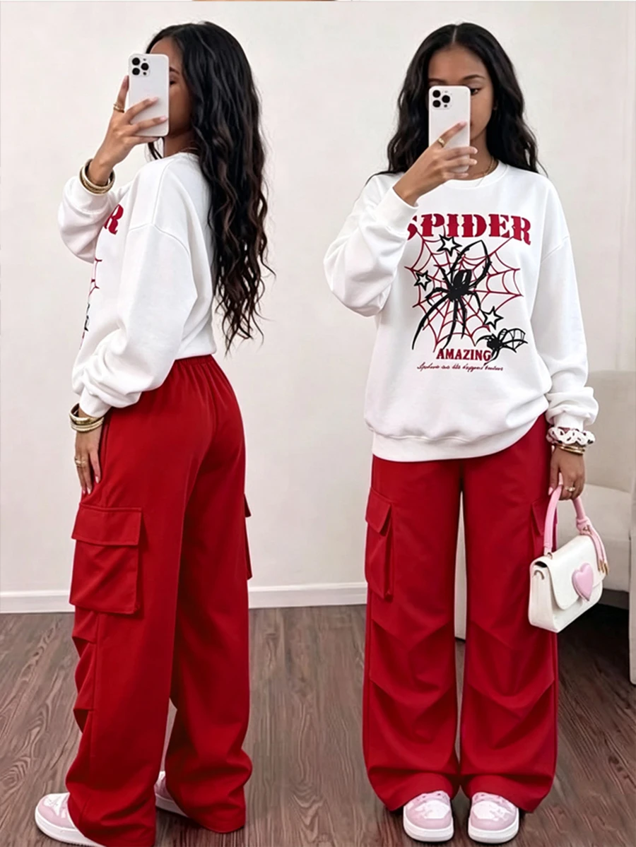 SHEIN Sparklyn 青少年女孩蜘蛛與字母圖案落肩衛衣+喇叭褲工裝褲兩件套 Y2K 休閒街頭風秋季穿搭 - 紅白色 - 查看 1
