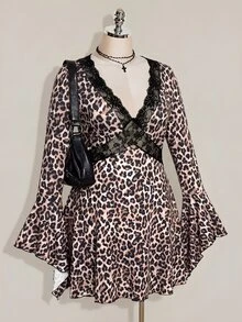 SHEIN ICON Women's Plus Size Lace Patchwork Leopard Print Dress - Khaki - View 4