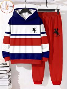 Tween Boy Striped Colorblock Long Sleeve Hoodie And Jogger Pants 2 Pieces Set, Suitable For Autumn/Winter - Multicolor - View 3