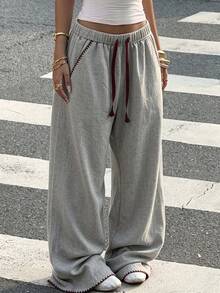 SuriyaCove Elastic Waist Drawstring Tie Pockets Solid Color Long Pants - Multicolor - View 1