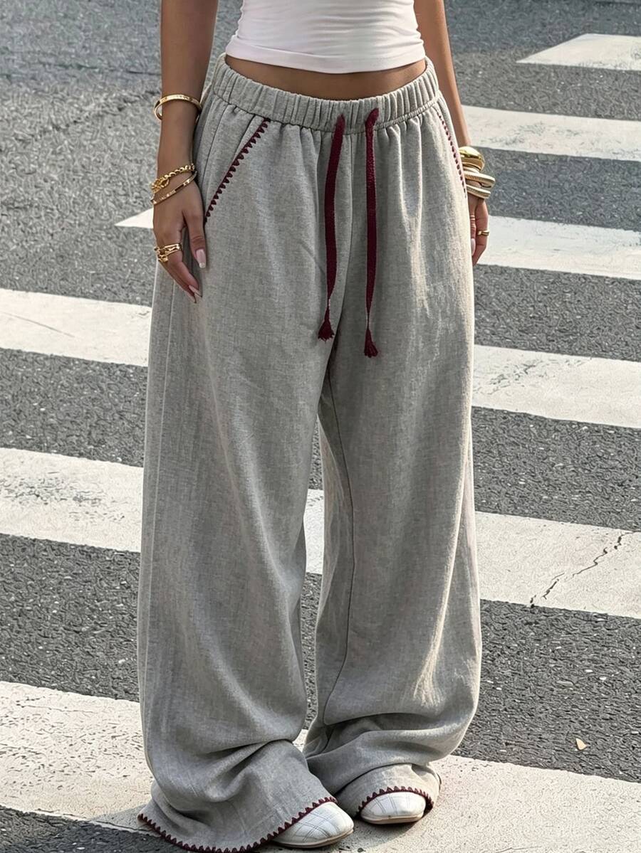 SuriyaCove Elastic Waist Drawstring Tie Pockets Solid Color Long Pants - Multicolor - View 1