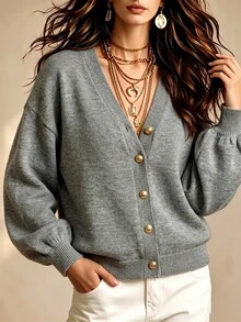 Linhara CURVE Plus Size Vintage Fashion Button Long Sleeve Knit Cardigan - Grey - View 3