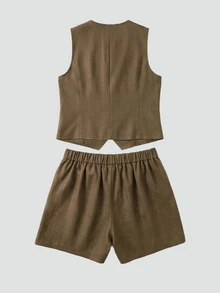 INAWLY Women's Casual Commuter Vest & Elastic Waist Shorts 2 Pieces Set, Plus Size, Suitable For Daily Wear, Outings, Gatherings, Light Business Casual - Coffee Brown - View 4