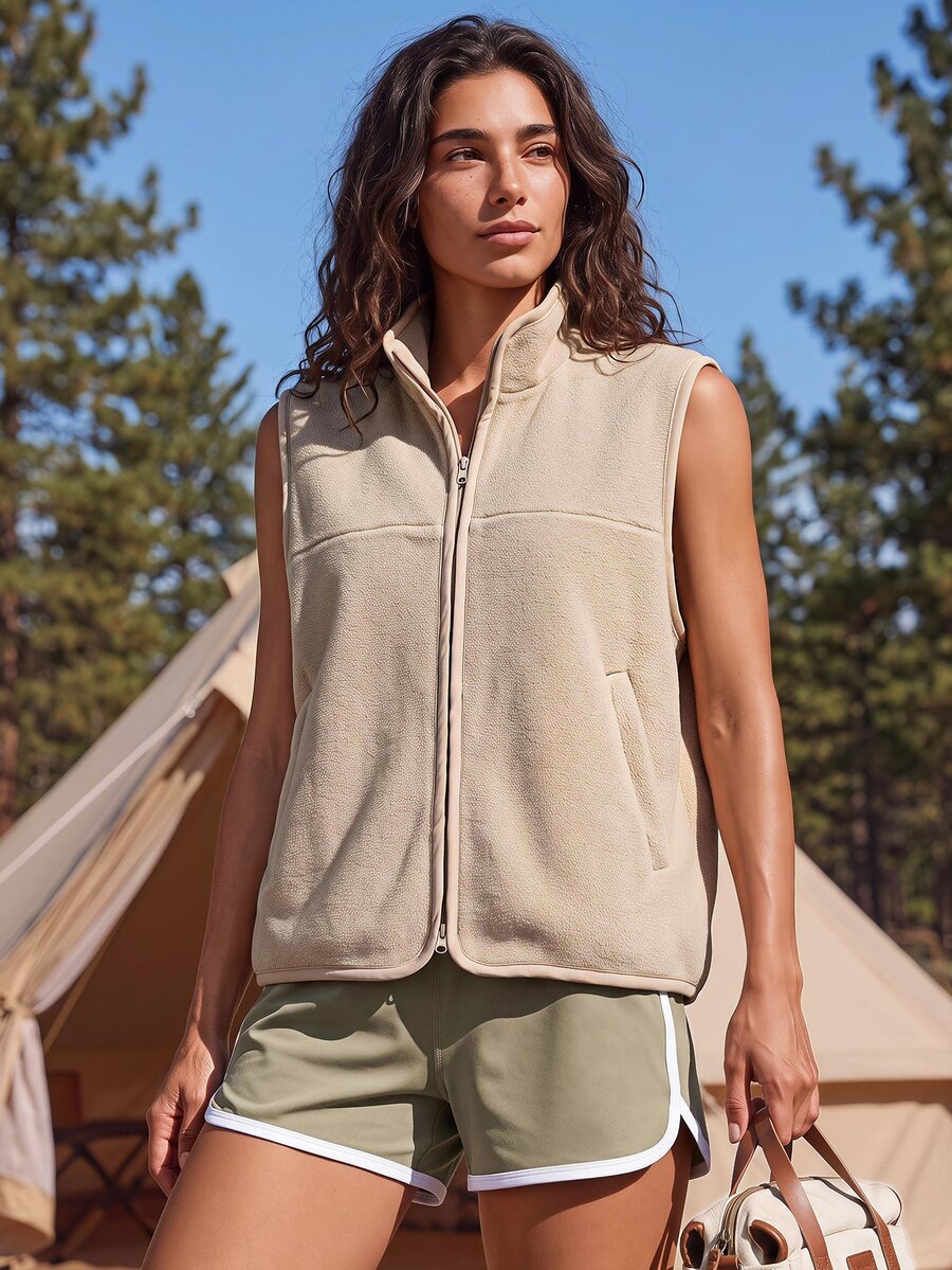 Exploreva Women's Outdoor Zipper Pocket Vest Jacket - Apricot - View 1