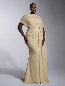 Elitara Plus Size Elegant Romantic Pale Yellow Asymmetrical Layered Design Pleated Flounce Fitted Mermaid Hem Dress For Evening Party Date Ball Vacation Wedding Event Bridesmaid Gown - Yellow - View 7
