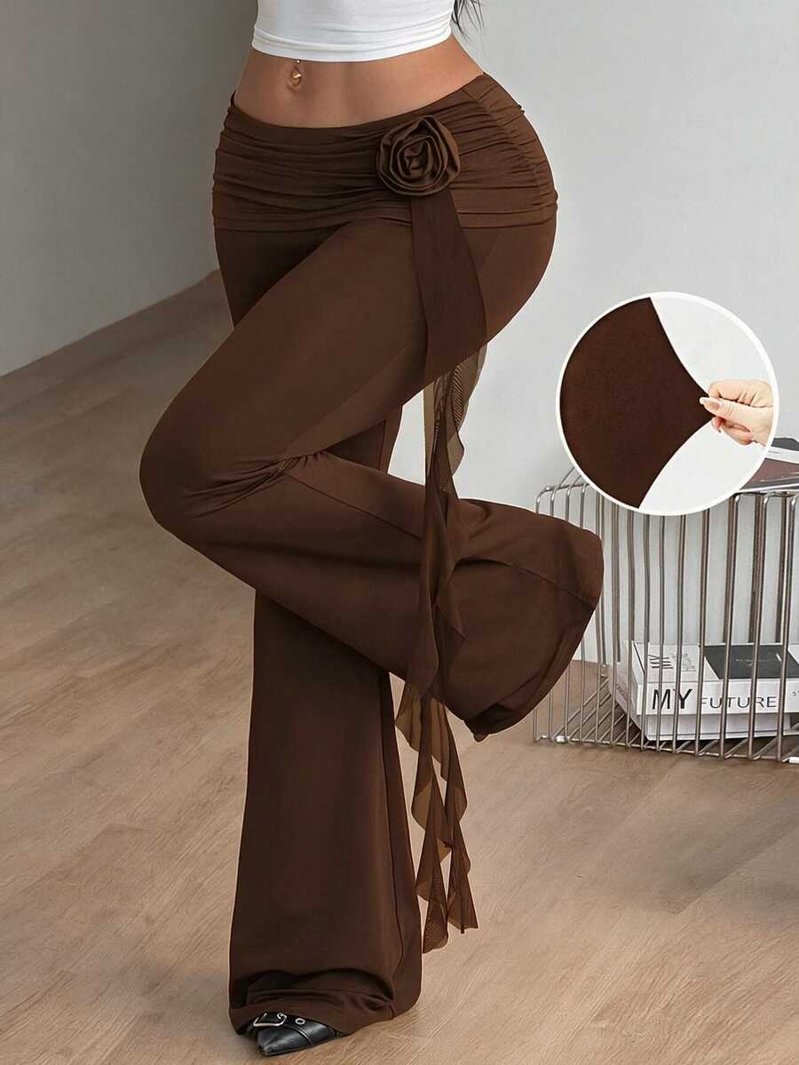 Coolane Women's Solid Color Ruffle Hem Casual Versatile Daily Wear Long Pants - Brown - View 1