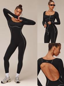 GLOWMODE 28" FeatherFit™ Keep Glowing Color-Blocked Contour Bodysuit With Cutout Back & Thumbholes Yoga Pilates Studio Daily Active Wear - Black - View 10
