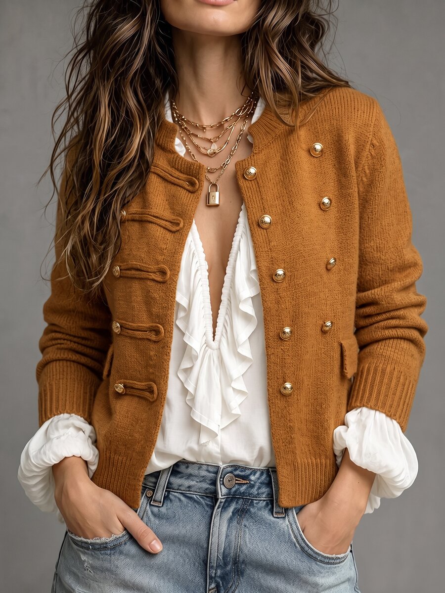 Omancia Autumn/Winter American Premium Vintage Design Asymmetrical Hem Button Napoleon Women's Cardigan Knit Jacket - Camel - View 1