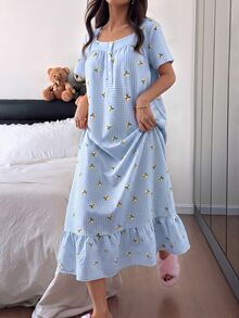 Napfluff Lemon Plaid Print Ruffle Trim Mid-Length Loose Short Sleeve Women's Nightgown - Blue - View 6