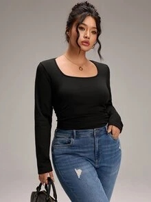 EMERY ROSE تي شيرت نسائي مقاس كبير بلون موحد ضيق متعدد الاستخدامات للاستخدام اليومي بأكمام طويلة - الأسود - مشاهدة 6