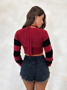 BAD SUNDAY Autumn/Winter Women's Red & Black Striped Knit 2 Pieces Set Top, Y2K Millennium Style, Hot Girl Retro - Multicolor - View 2
