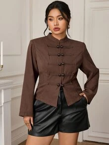 EastFlair Plus Size Women's Solid Color Casual Daily Long Sleeve Jacket - Brown - View 6