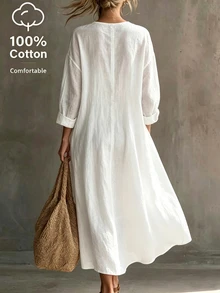 SHEIN 100% Cotton Beige V-Neck Loose Long Dress - White - View 2